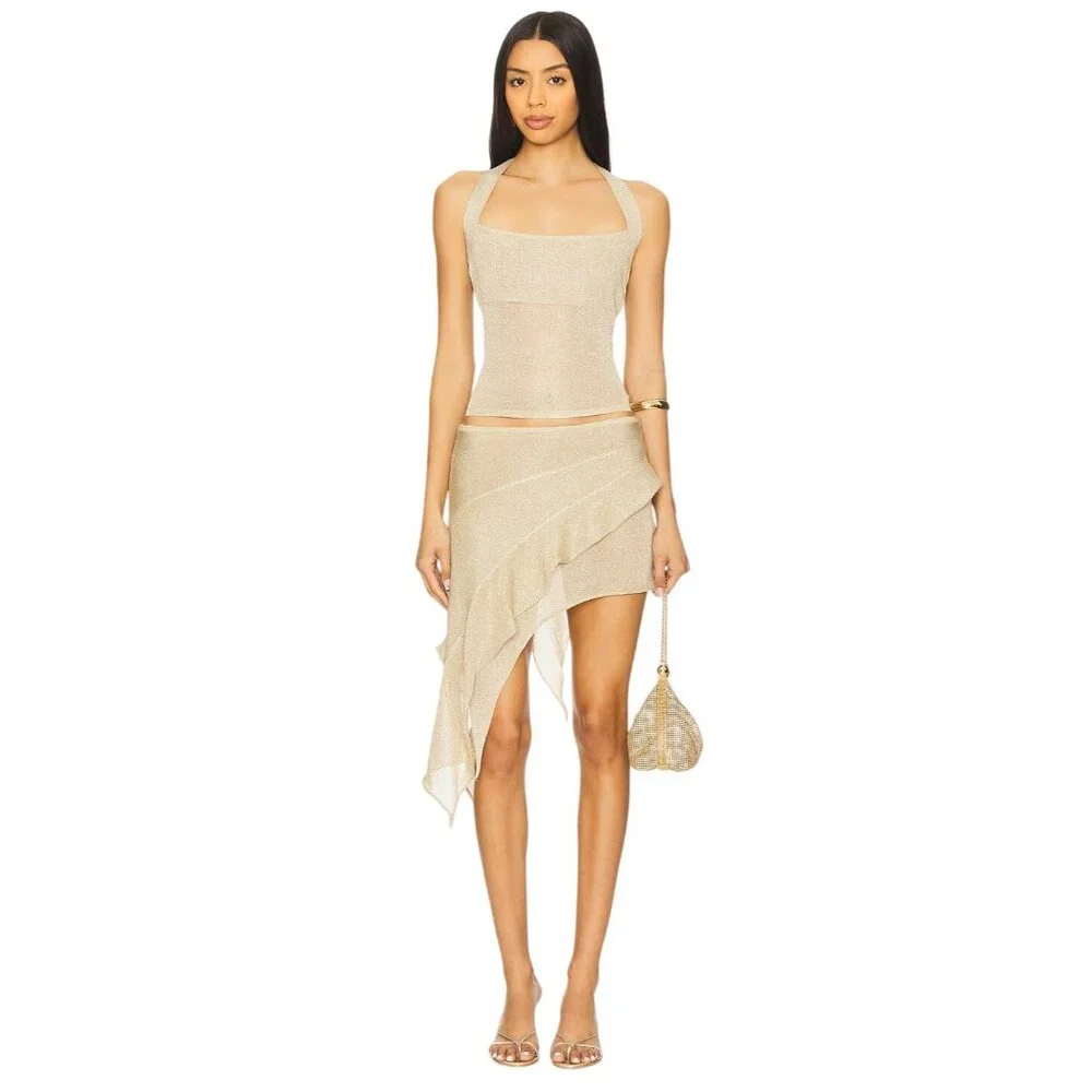 LIONESS Palisades Halter in Oyster XLarge New Womens Knit Gold Top